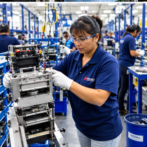 Operadora ensamblando componentes en línea de producción